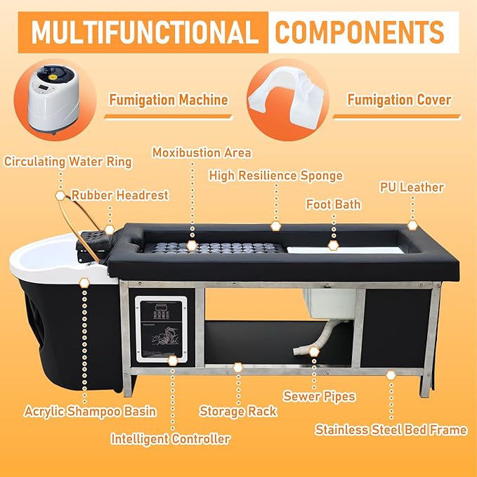 Japanese Head Spa Equipment, Moxibustion Moxa Shampoo Bed, Head/Feet/Back Massage Therapy Table, with Foot Bath Basin, Bianstone Magnetic Therapy, for Spa Beauty Salon Barber (D)