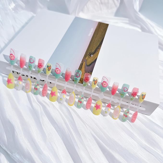 30pcs Summer Press on Nails Medium Almond Fake Nails with 3D Flower Starfish Designs Summer Beach False Nails Pearl Glue on Nails Handmade Full Cover Acrylic Nails Stick on Nails for Women