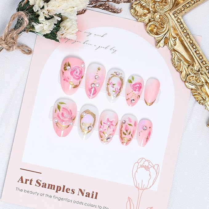 24Pcs Flower Press on Nails Almond Short Fake Nails with Pearl Rhinestones Design Handmade Acrylic Nails Pink Rose Glue on Nail 3D Gold Chrome French Tip False Nails Cute Floral Bow Artificial Nail