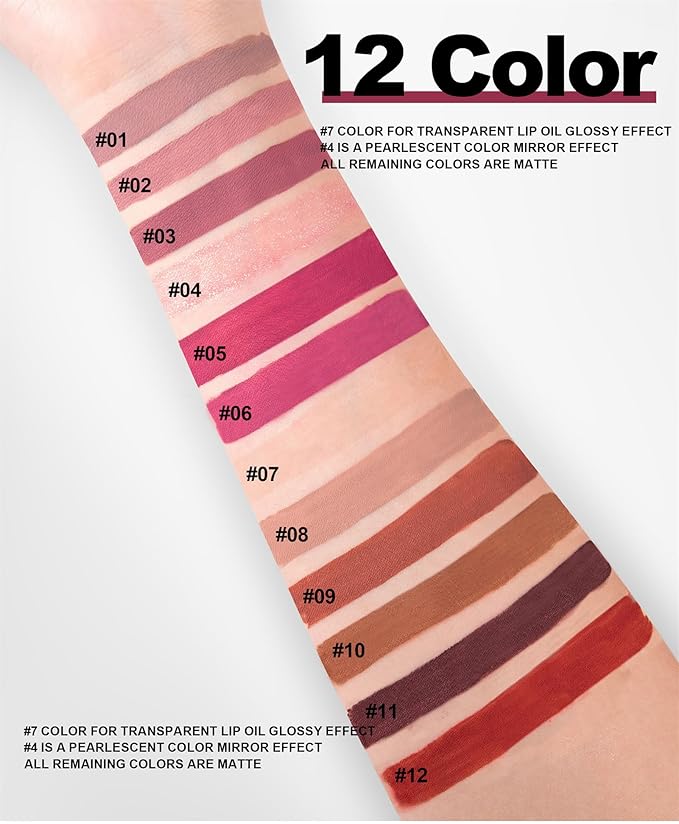12Pcs Nude Matte Liquid Lipstick Set, Waterproof Long Lasting Non-Stick Cup 12 Colors Nude Lipstick 24 Hour Not Fade Matte Lipstick Professional Lip Gloss Makeup Christmas Day Gift Sets for Women