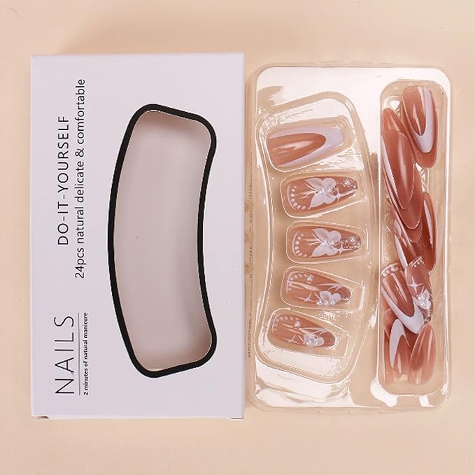 Hkanlre Almond Press on Nails White Medium Fake Nails Tips Full Cover False Flower Nails for Women and Girls 24PCS