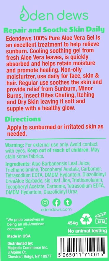 Aloe Vera Gel for Skin - 100% Pure & Natural Organic, Moisturizing, Face Skin & Hair Care, Sun Burn Relief, Hydrating & Soothing for Dry Skin, Made in USA, Unscented, 16 oz (Pack of 2)