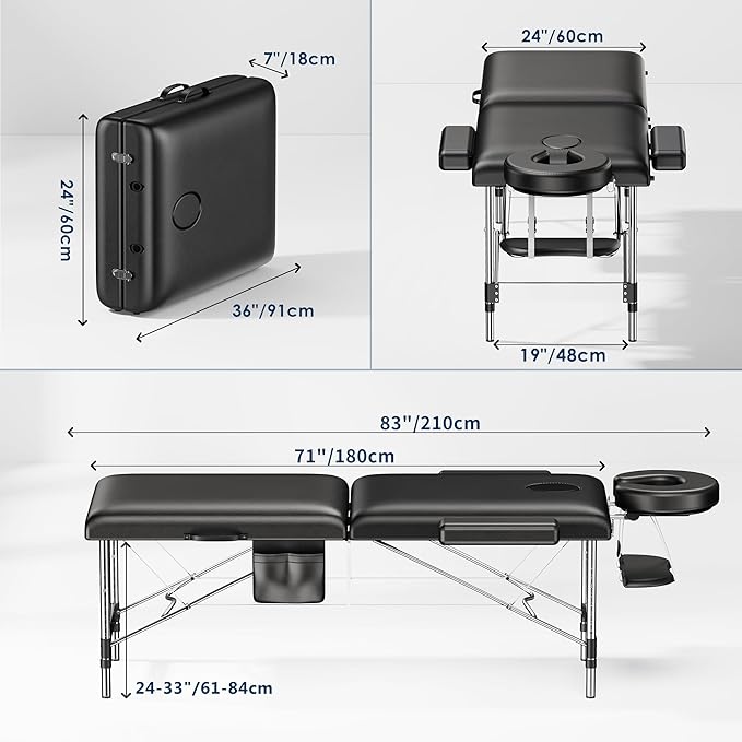 Brelley Massage Table Portable, 2-Fold Lash Bed with Side Pocket, Adjustable Height, Sturdy Aluminum Frame, Esthetician Spa Facial Tattoo Bed with Face Cradle & Carrying Bag, Black