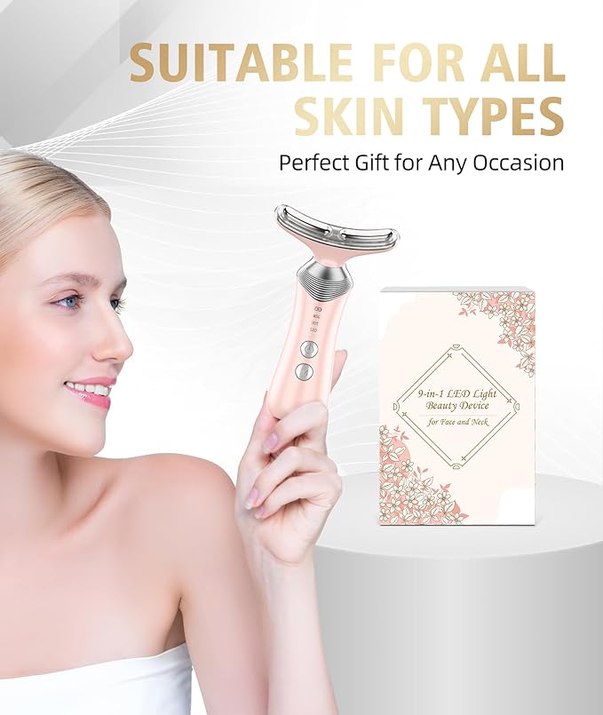 9-in-1 Red-Light-Therapy-for-Face-and-Neck, Portable Facial Massager Tool with Adjustable Vibration & Thermals for Wrinkles, Double Chin, Pink