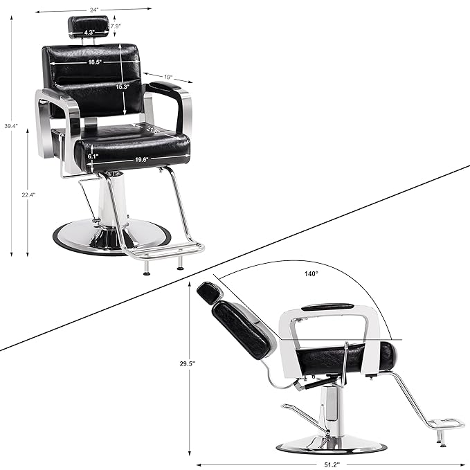 BarberPub Barber Chair Reclining Salon Chair for Hair Stylist, Antique Hair Spa Salon Styling Beauty Equipment 3127(Black)
