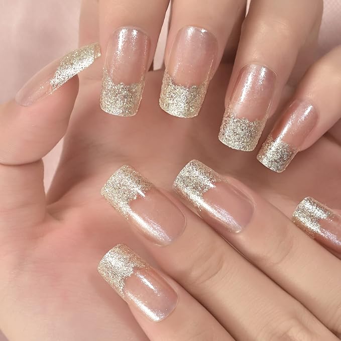 Medium Length Press on Nails Transparent Gold Glitter French False Nails Salon Manicure Reusable Stick on Nail Art Tips DIY Fake Fingernails Gift for Women Girls