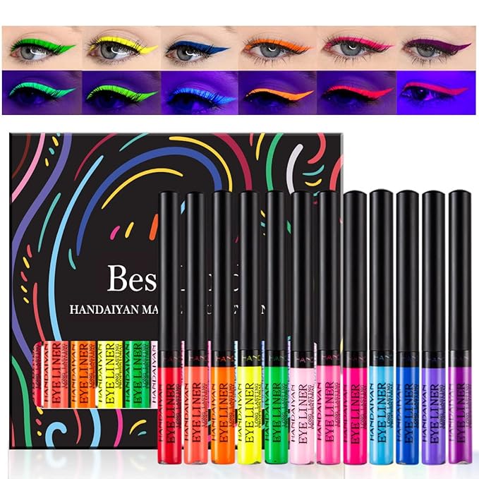 BestLand 12 Colors Matte Liquid Eyeliner Set Colorful UV Neon Eyeliner Pencil Pigmented Waterproof Smudgeproof Long Lasting Eye Liner Xmas Christmas Festival Makeup Gift Kit for Women (Set C)