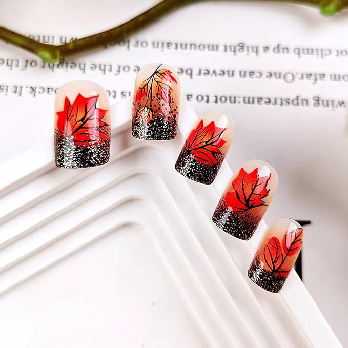 Fall Press on Nails Square Fake Nails with Black Glitter French Designs Autumn Leaves Artificial Nail Medium Fall Nails Press ons Glossy Glue on Fingernails Acrylic False Nails for Women 24Pcs