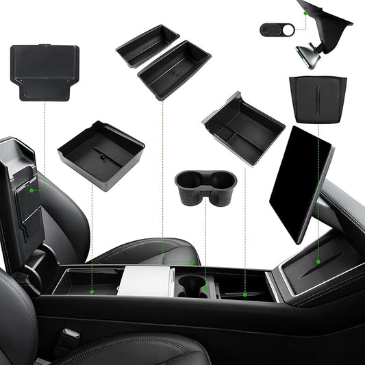 10PCS Center Console Organizer Tray for 2025 2026 Tesla Model Y Juniper Accessories, Under Seat Storage Armrest Hidden Storage Box Cup Holder Charger Pad for Tesla Model Y Juniper