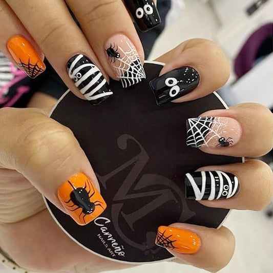 24Pcs Halloween Press on Nails Short Square Goth Fake Nails Cute Mummy with Spider Web Glitter Design Full Cover Sparkly Artificial Nails Spider False Nails for Halloween Holiday Acrylic Manicure
