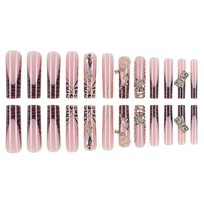 Square Press on Nails Long Fake Nails XL False Nails Extra Long French Tip Glue on Nails Brown Artificial Nails with Bow and Rhinestones Designs Stick on Nails for Women 24pcs