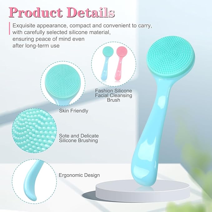 Silicone Manual Facial Cleansing Brush, NADUSEP 2 Pack Skin Friendly Soft Bristles Waterproof Face Scrubber Exfoliating Brush for Blackheads Whiteheads Makeup Residues Removal (Blue, Pink)