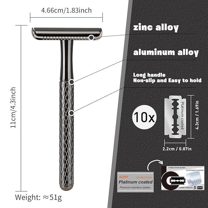 Shiny Gun Black Double Edge Safety Razor, Single Blade Razors for Men and Women, with 10 Stainless Steel Safety Razor Blades, Reusable, Smooth and Close Wet Shaving Kit, Plastic Free
