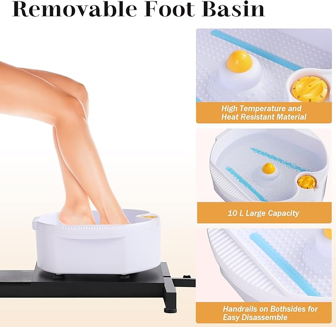 Pedicure Station No Plumbing, Hydraulic Pedicure Chair for Nail Tech, Height Adjustable Reclining Pedicure Station Unit, 360 Degree Swivel Foot Spa Chair with Massage Foot Bath (Black)