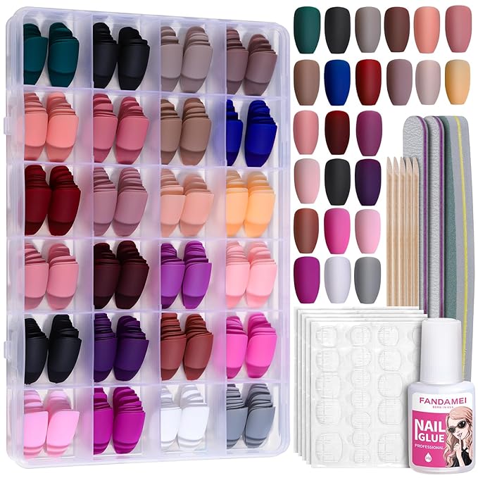 FANDAMEI Matte Press on Nails Medium Length, 24 Packs 576PCS Medium Coffin Fake Nails Full Cover, Acrylic Short Ballerina False Nail tips with Nail Glue, Nail Adhesive Tabs, Nail File for Nail Art DIY