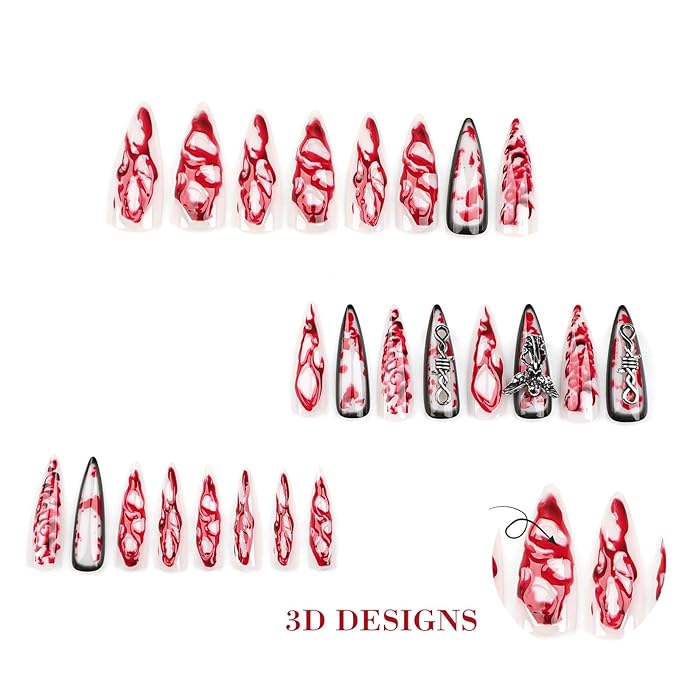 IMRAIN Press on Nails Long Stiletto Fake Nails 3D Red Ombre & Metal Angel Charms Designs Full Cover Glossy Nude Glue on Nails Halloween Artificial Reusable False Nails for Women 24Pcs