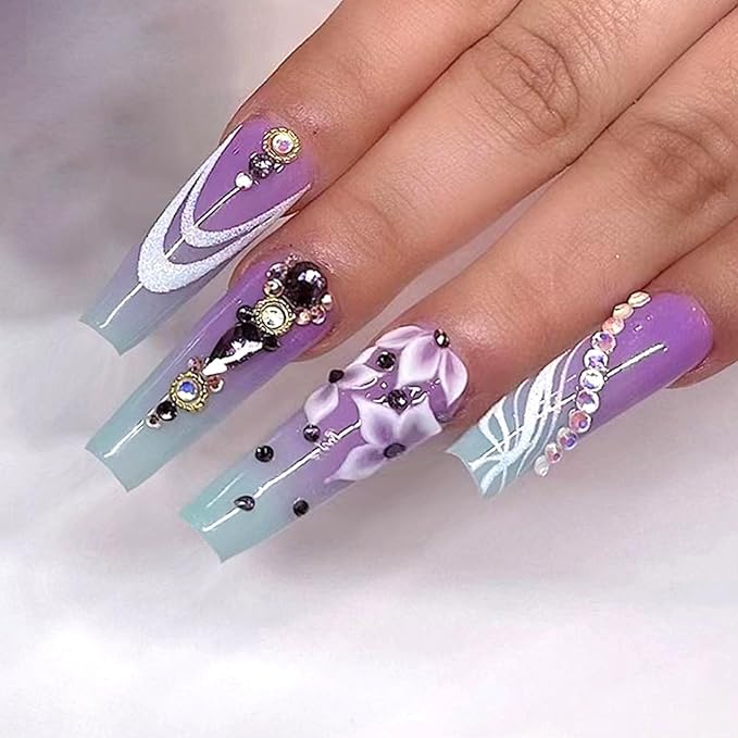 Long Press on Nails Coffin Light Blue Gradient Glue on Nails with Rhinestones Lines Glitter Design Flower Fake Nails Purple Acrylic Nails Press ons Glossy Extre Long Coffin False Nails for Girls 24Pcs