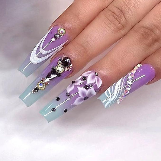 Long Press on Nails Coffin Light Blue Gradient Glue on Nails with Rhinestones Lines Glitter Design Flower Fake Nails Purple Acrylic Nails Press ons Glossy Extre Long Coffin False Nails for Girls 24Pcs