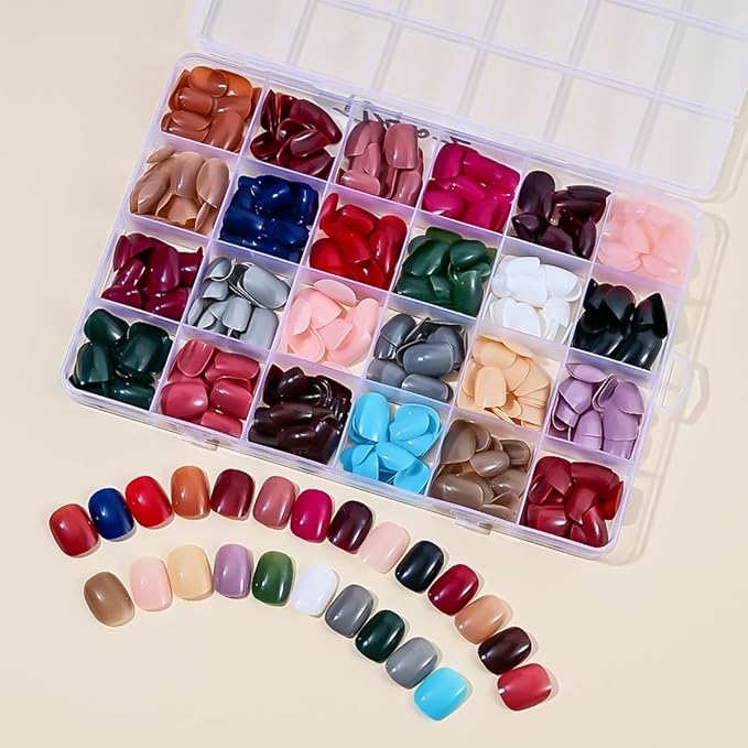 576Pcs short Press on Nails Solid Color Fake Nails Full Cover Squoval False Nails 24 Color Glossy Acrylic Glue on Nails Reusable Square Artificial Stick on Nail for Women Manicure