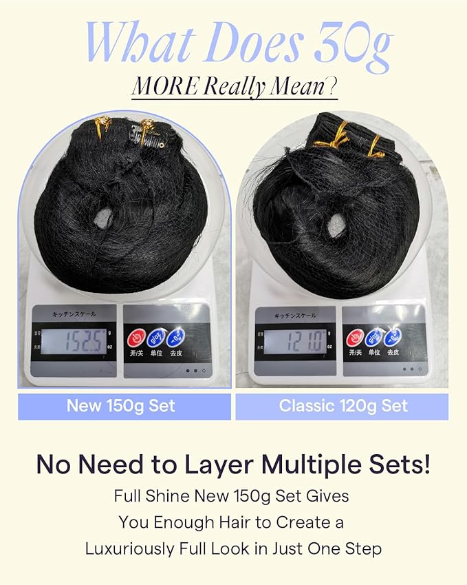 Full Shine Clip in Hair Extensions Black Women 24 Inch Jet Black Real Human Hair Extensions Clip ins 150 G 7 Pcs