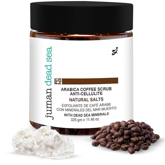 Juman Dead Sea Minerals Exfoliating Coffee Body Scrub | Enriched with Almond & Coconut Oils for Moisturized, Smooth Skin | Dead Sea Salt Scrub | SlS & Paraben Free | Vegan | 11.46 Oz