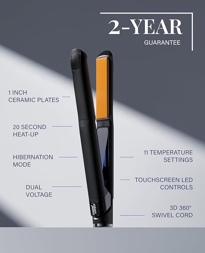 GLAMPALM Hair Straightener 1" Ceramic Flat Iron Infused with Vita C, Korea's No.1 Professional Salon Tool, 3D Swivel Cord & Dual Voltage, Digital LED(210°–450°), 20s Fast Heat-Up, Black (GP201T)