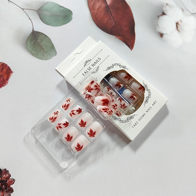 Fall Press on Nails Short Square Glossy Fake Nails with Glitter Maple Leaves Designs Pink White Gradient Acrylic False Nails Autumn Stick on Nail Artificial Gel Glue on Nail for Women 24Pcs