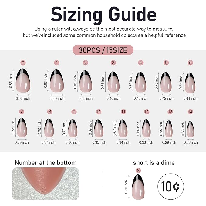 Short Almond Press On Nails Black French Nail Tips with Glue & Gule Remover Reusable 15 Sizes-30 Fake Nail kit for Woman