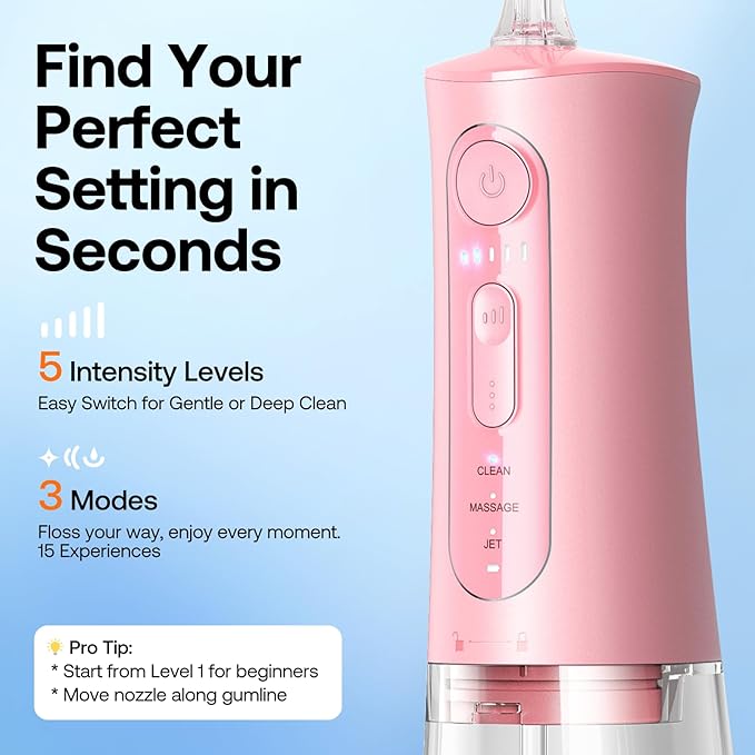 Bitvae Water Dental Flosser Teeth Picks, Cordless Portable Oral Irrigator, Powerful and Rechargeable Oral Irrigator, Brace Care, IPX7 Waterproof Water Dental Picks for Cleaning, Quartz Pink