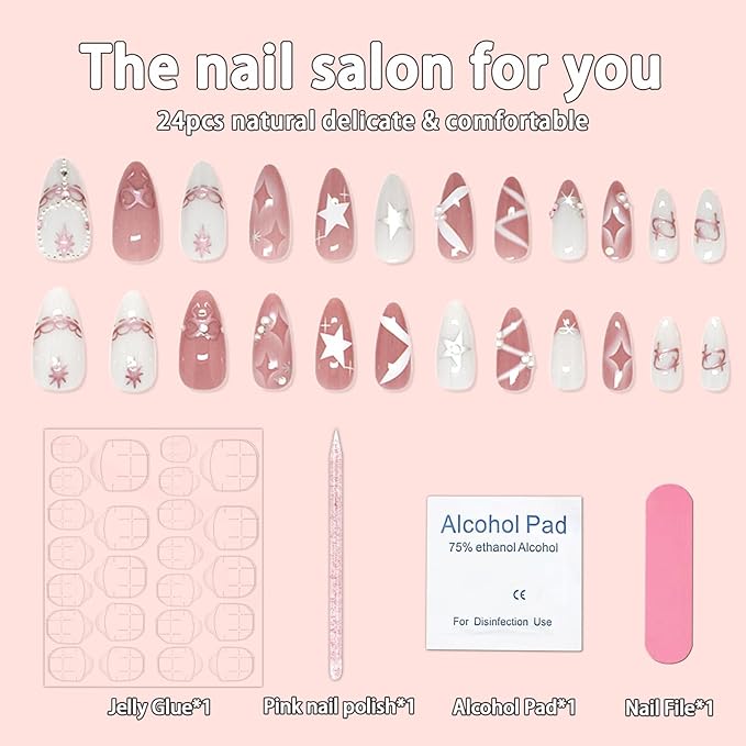 Pink Press on Nails Medium Almond Fake Nails 3D Pink Bow Rhinestones Star Pearl Designs Star False Nails Acrylic French Tips Full Cover Stick on Nails Reusable Artificial Glue on Nail for Women 24Pcs