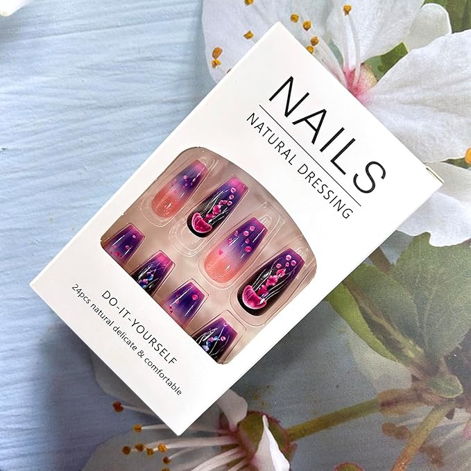 Jellyfish Press on Nails Long Ballet Shaped Full Cover Glossy Acrylic Fake Nail Cute Jellyfish Pattern Design Gradient Artificial Fingernails French Stick on Nail Reusable Glue on Nails for Women