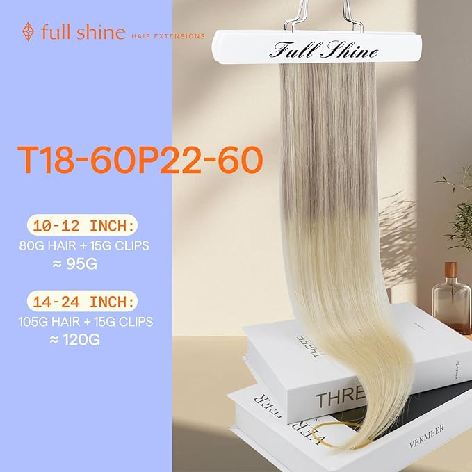 Full Shine Blonde Clip in Hair Extensions Real Hair Extensions Clip in Human Hair Nordic Balayage 18 Ash Blonde Fading to 22 and 60 Double Weft Straight Hair 7 Pcs 16 Inch 120 G