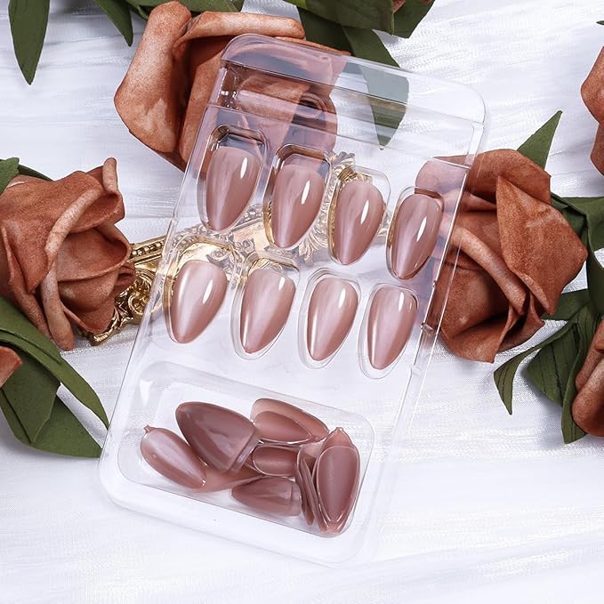 30Pcs Glitter Brown Fake Nails Short Press on Nails Almond False Nails Glossy Full Cover Stiletto Glue on Nail Nude Pink Acrylic Nails Reusable Fall Artificial Stick on Nail for Women Manicure