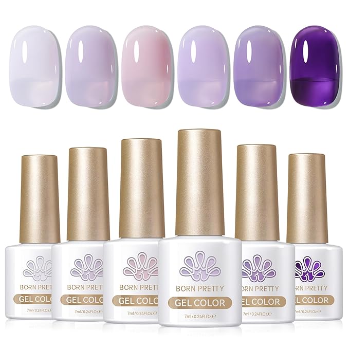 BORN PRETTY Jelly Purple Gel Nail Polish 6 Colors Purple Violets Colors Gel Polish Kit Soak Off Gel Nail Kit Collection Nail Art Gel Manicure Kit DIY at Home Salon Gifts