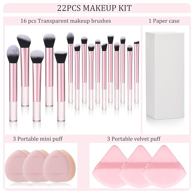 111 Makeup Brushes Set 22 Pcs Makeup Kit With Case Premium Soft Synthetic Hair Foundation Brush Concealer Brush Eyeshadow Brush Transparent Make up Brushes Set With Beauty puff (Pink+Black, 22pcs)
