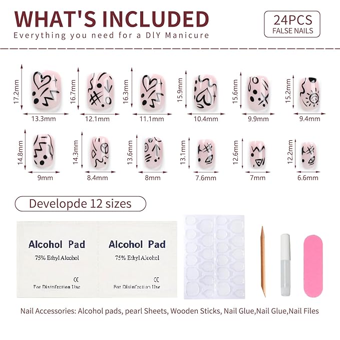 Press on Nails Short Square, Pink Fake Nails Kit with Cartoon doodle Designs, Glossy Acrylic Press on Nails, Thick Reusable Glue on Nails Short Press on Nails for Women, Quirky Ink