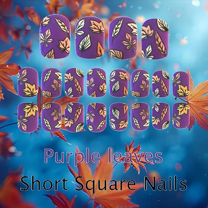 Maple Leaf Press on Nails 24Pcs Fall Leaves Stick on Fingernails Matte Purple Acrylic Fake Nail Thanksgiving Short Square False Nails Autumn Gel Glue on Nail for Coquette Women Girls