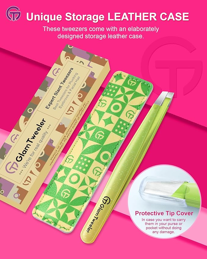 Expert Eyebrow Hair Removal Tweezer with Leather Case, GlamTweeler High Precision Slant Tip Stainless Steel Tweezers for Men and Women (Sparkle Apple Green & Yellow)