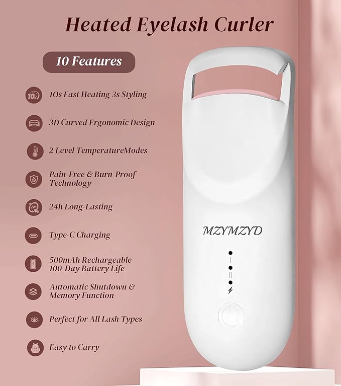 Heated Eyelash Curler, Eyelash Curlers with 10S Quick Heat-Up, 2 Temp Settings, 3S Styling & 24H Long-Lasting Natural Curl, Type-C Recharge, Mini Electric Eyelash Curler for Travel - White