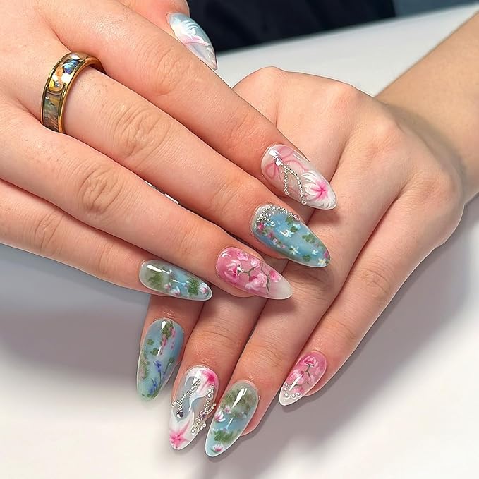 24Pcs Flower Press on Nails Medium Almond Lotus Leaf Fake Nails with Pearl Gems Bow Design Cute Cat False Nails Spring Summer Full Cover Artificial Glue on Nails Handmade Stick on Nails for Women DIY
