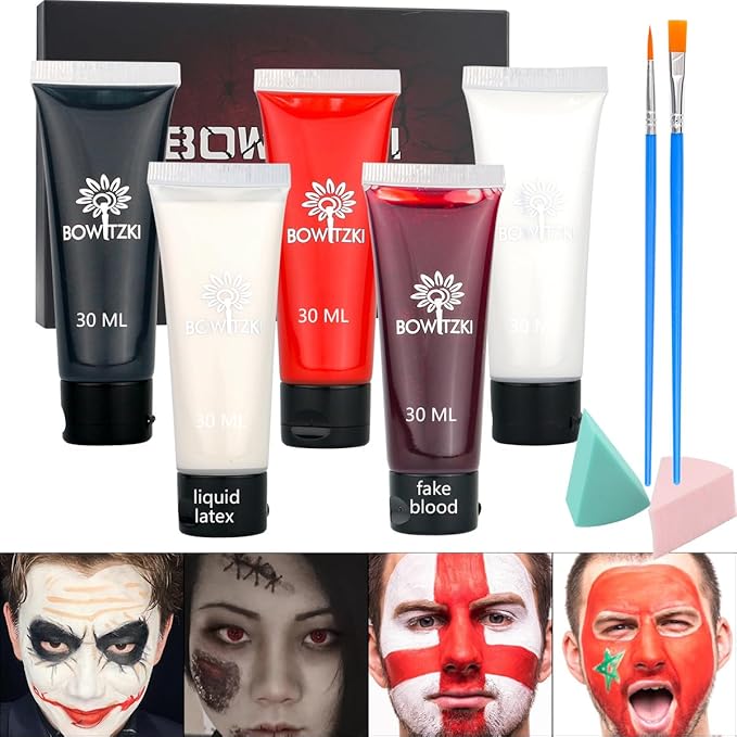 Bowitzki Halloween Makeup Set Special Effects Kit Cream Face Paint Water Based Liquid Latex Fake Blood Brush Sponges Body Painting SFX Zombie Vampire Monster Christmas Party (No Scar Wax)