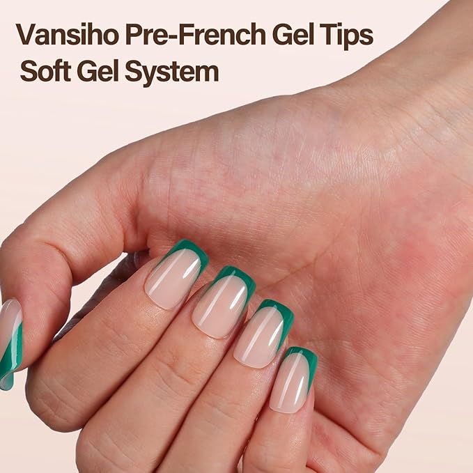 150Pcs French Gel Nail Tips, Vansiho Short Square Nail Tips, Green Pre-French Tips Press on Nails, Soak Off Soft Gel Acrylic Fake Nails for Nail Art DIY 15 Sizes
