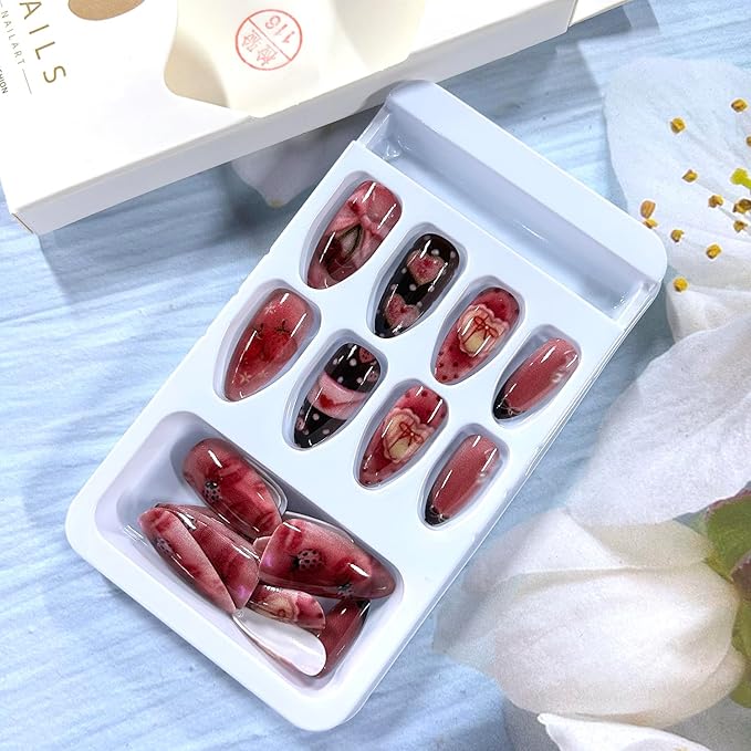 Press on Nails Almond Medium Cute Bow Cherry and Envelope Red Lips Pattern Design French Tip Acrylic False Nail Pink Artificial Fingernails Full Cover Glossy Artificial Stick on Nails for Women