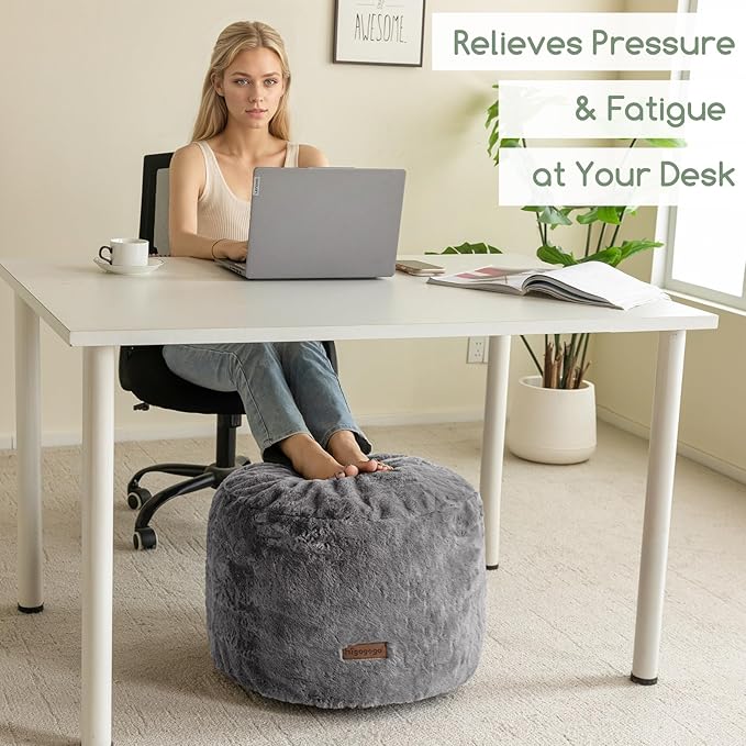 HIGOGOGO Pouf Stuffed Ottoman Round Modern Foam Filled Foot Rest Chair Decorative Poufs 26 x 18 Inches Fluffy Boho Comfy Stool for Living Room, Grey