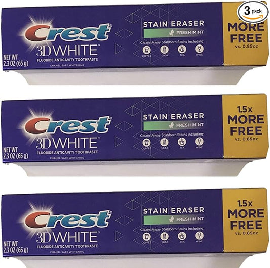 Crest 3D White Stain Eraser Fresh Mint Whitening Toothpaste 2.3 Oz(pack of 3)