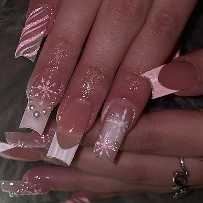 Winter Press on Nails Medium Square Fake Nails Pink White French Tip Nails Press ons with Pearl Snowflake Designs Gradient Nude False Nails for Women 24Pcs