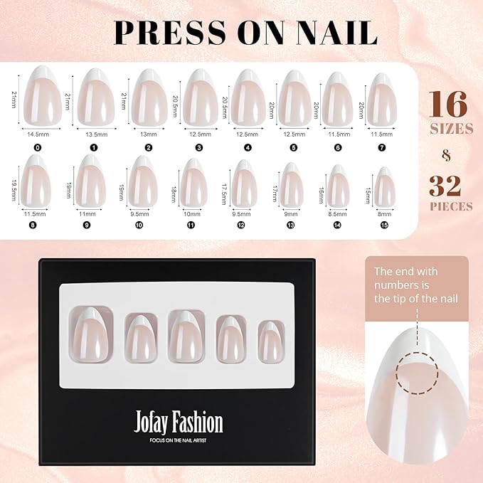 French Tip Press on Nails Almond, Jofay Fashion Soft Gel Fake Nails, Classic French Manicure Nails, Reusable & Natural Acrylic False Nails, Stick on Nails for Women Girls Gift, Glue on Nails Kit 32Pcs