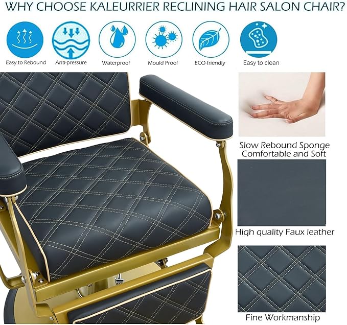Kaleurrier Black and Gold Barber Chair: Professional Heavy Duty Recliner Salon Chair for Hair Stylist - Reclining Hydraulic Barber Shop Chairs for Home Hair Beauty Salon Massage Barbershop