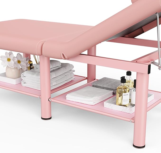 Folding Stationary Massage Table with Backrest and Storage Space, 6 Round Legs Metal Frame PU Leather, 30.5'' Wide × 75'' Long for Treatment Table Physical Therapy Table Spa Facial Bed, Pink
