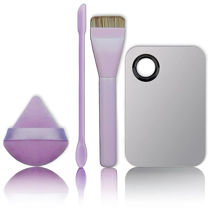 Makeup Brush Set - Flat Foundation Brush, Blender Sponge, Face Spatula, Puff & Heart-Shaped Mixing Palette with Leather Case – Complete Face Makeup Tool Kit for Blending, Foundation & Application